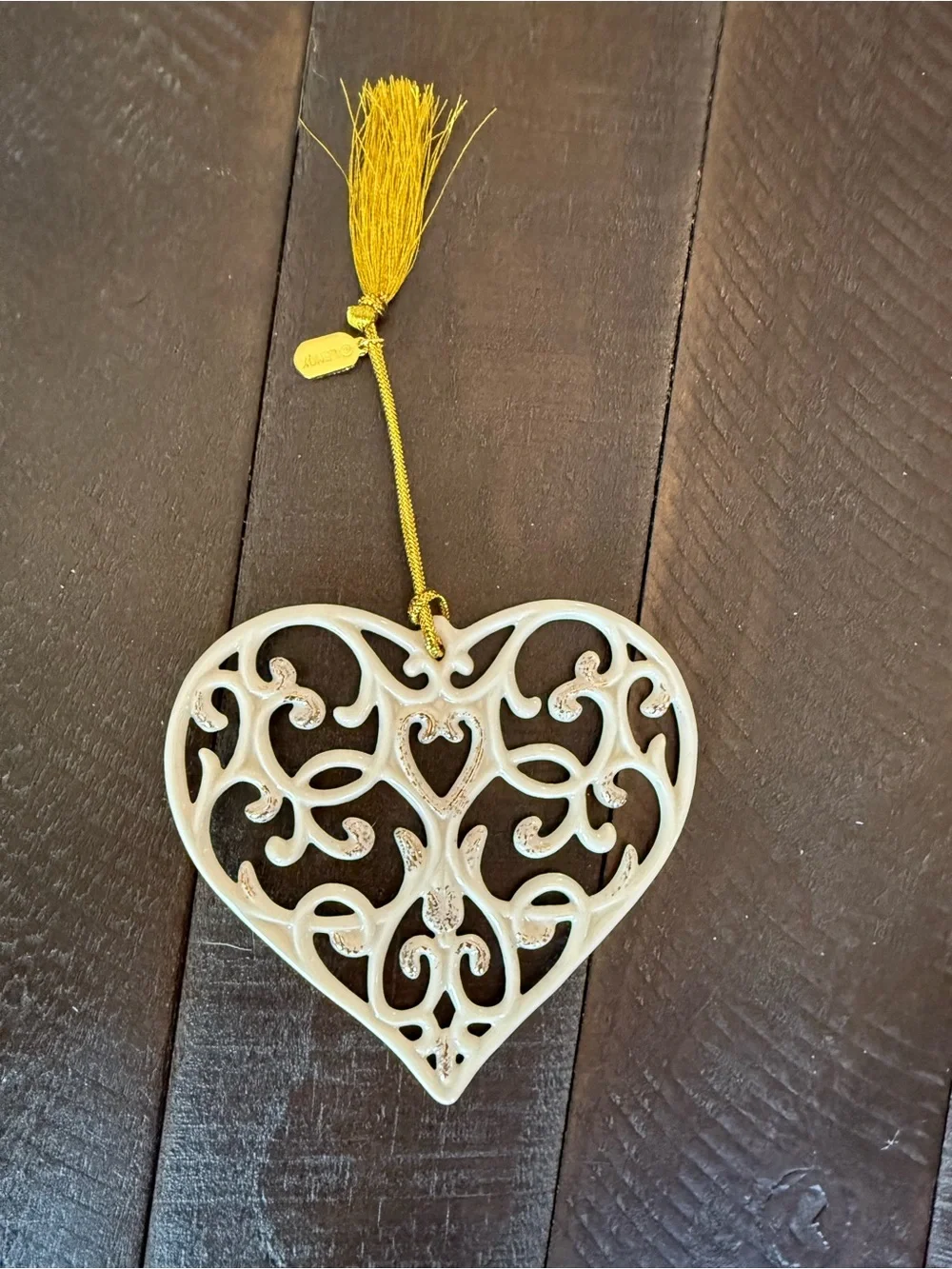 Lenox Cream and Gold Filigree Heart Ornament with Gold Tassel